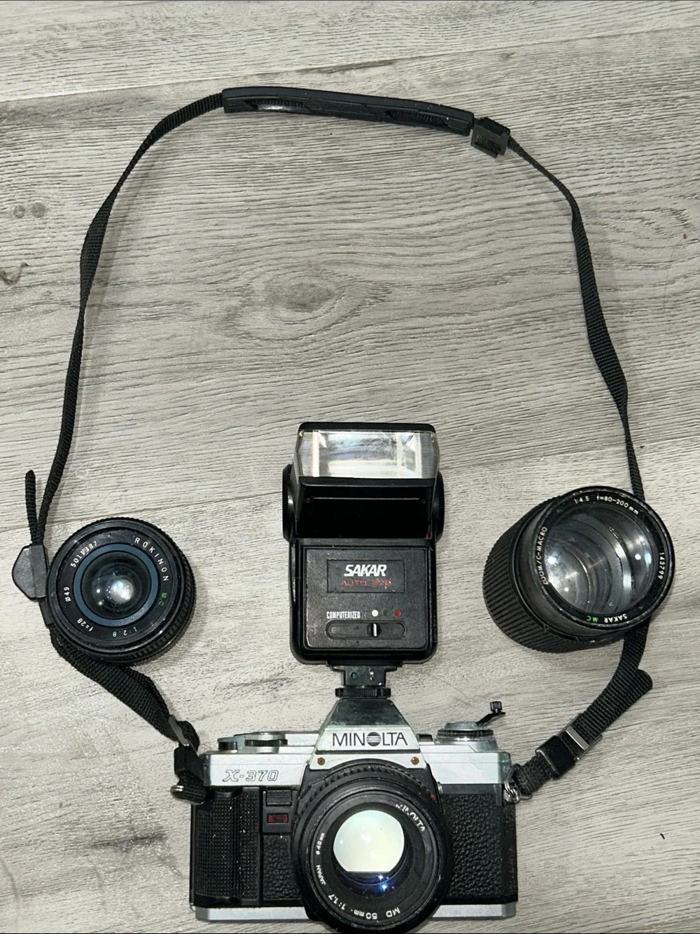 soVintage X-370 35mm Film Minolta Camera with Sakar Black Flash & Lenses Unteste